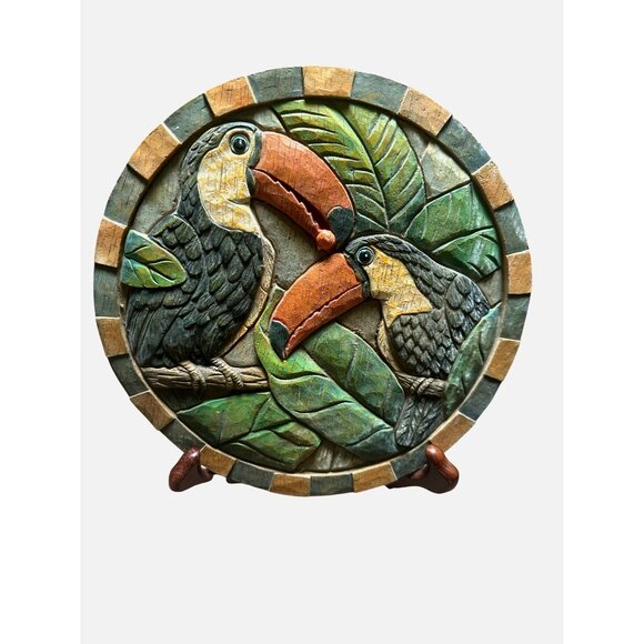 Toucan Vintage Wall Plaque Decorative Hand Painted Carved Art Tropical Jungle - Picture 2 of 2